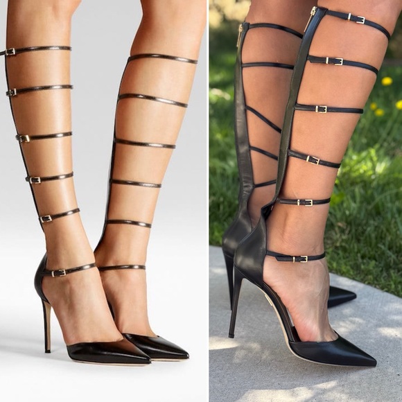 ❤️ Black Strappy Gladiator leather Heels classy pointy toe stilettos boot - Picture 8 of 13